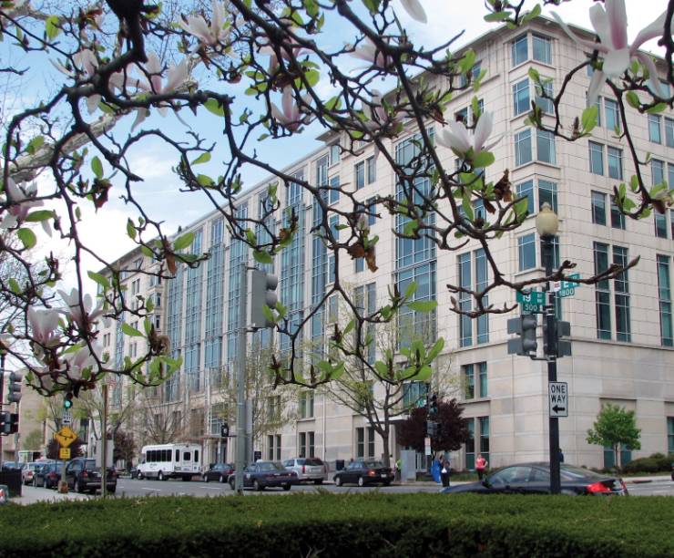 Exterior view of building at a street intersection.