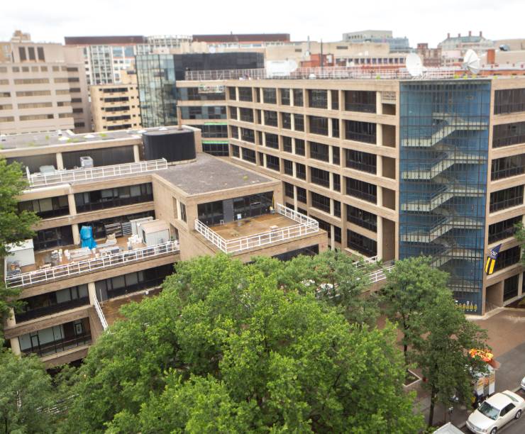 View of the Academic Center buildings from above and across the street.