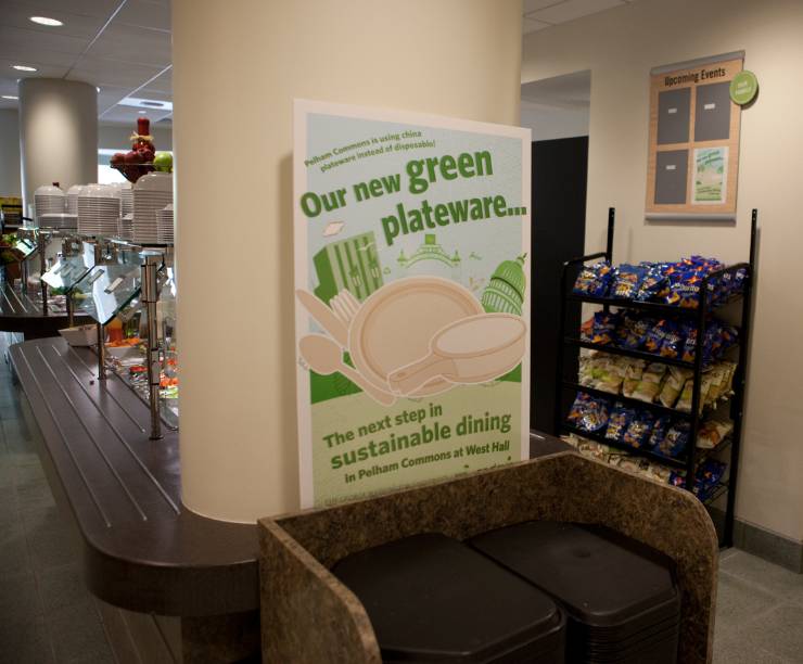 Trays and a food station in the dining hall.