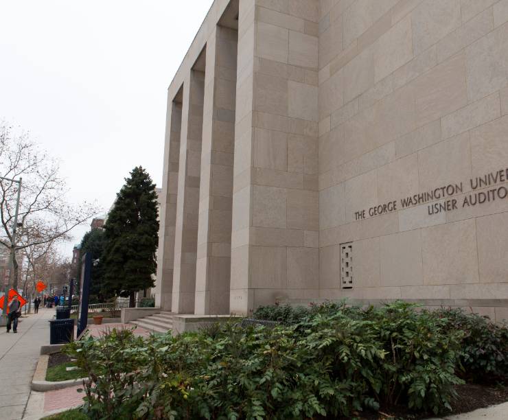 The facade of Lisner Auditorium from the outside corner.