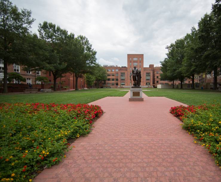 View of University Yard and the George Statue from H Street, NW.