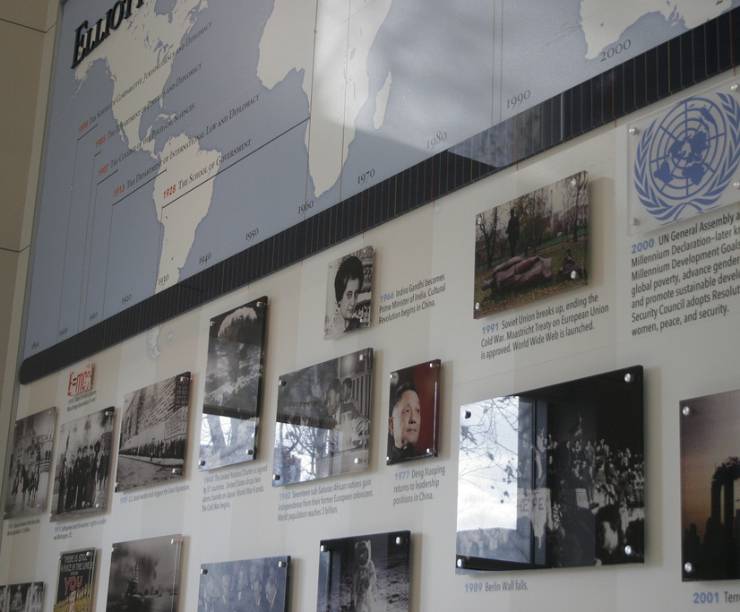 View of a timeline created by Elliot School students that is installed in the lobby of 1957 E Street. The timeline highlights pivotal international events from 1890 to the present.