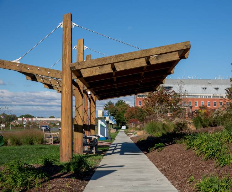 A sidewalk stretches beneath a trellis and toward Exploration Hall in the distance.