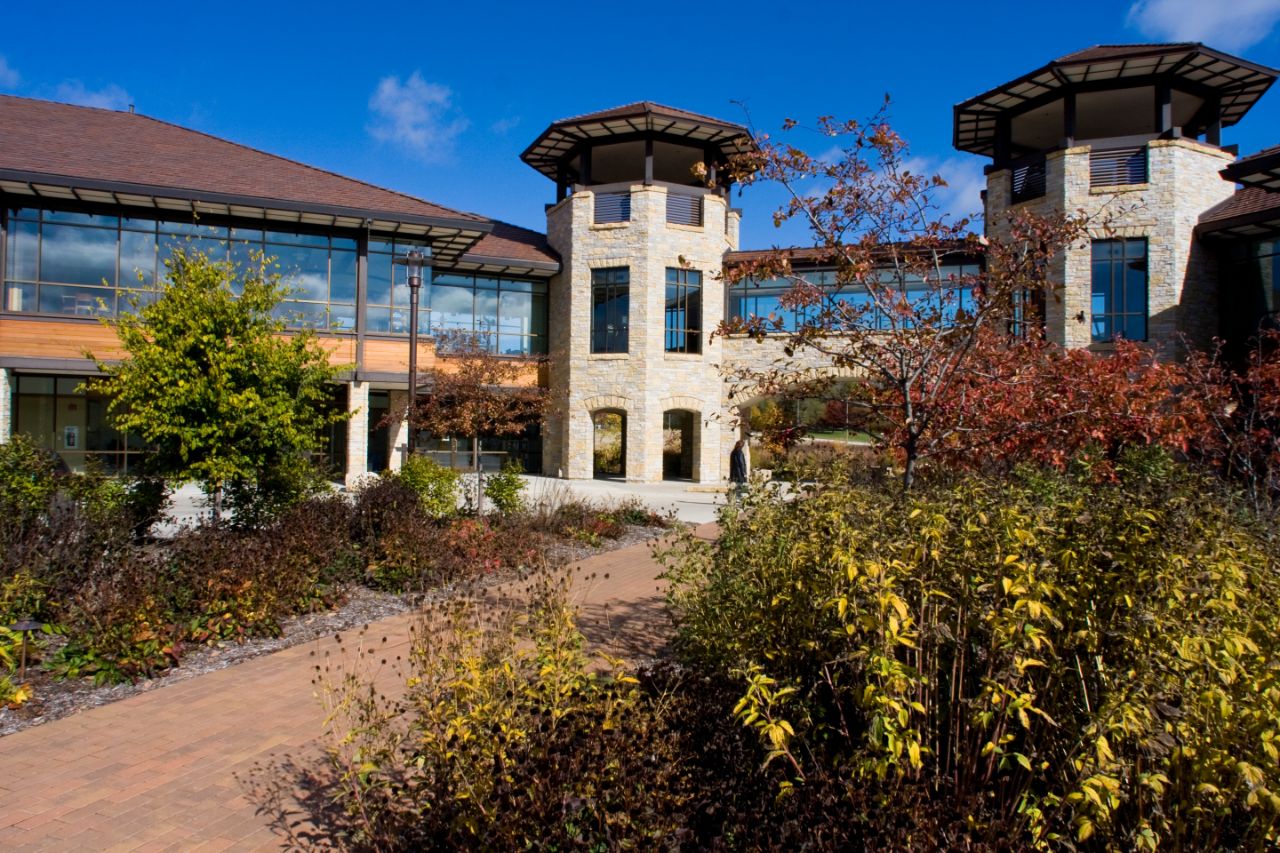 One of the walkways of the Agora building, taken from ground level outdoors.