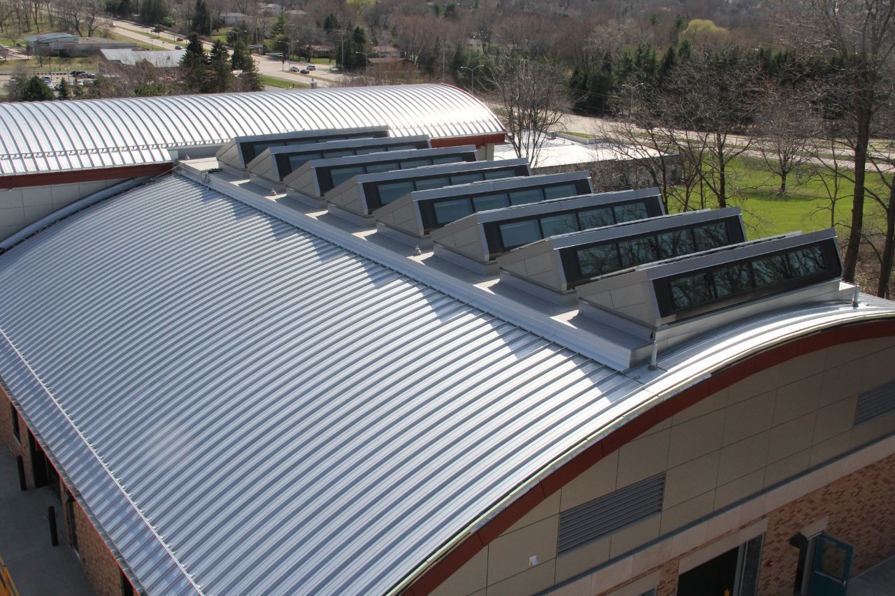 A photo of the rooftop solar panels taken from a drone.