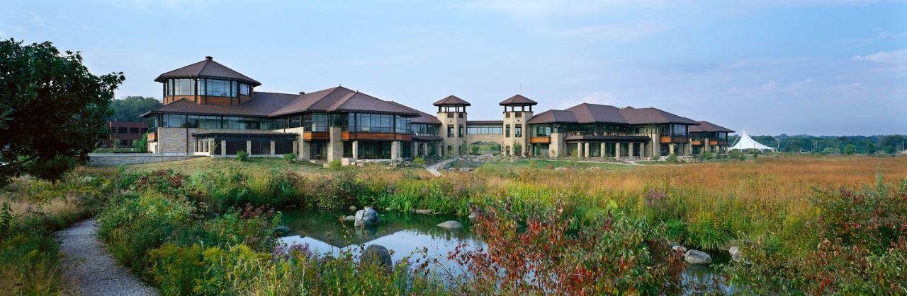 An image of the prairie swale with a pond, tall grasses and Agora in the background.