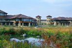 An image of the prairie swale with a pond, tall grasses and Agora in the background.