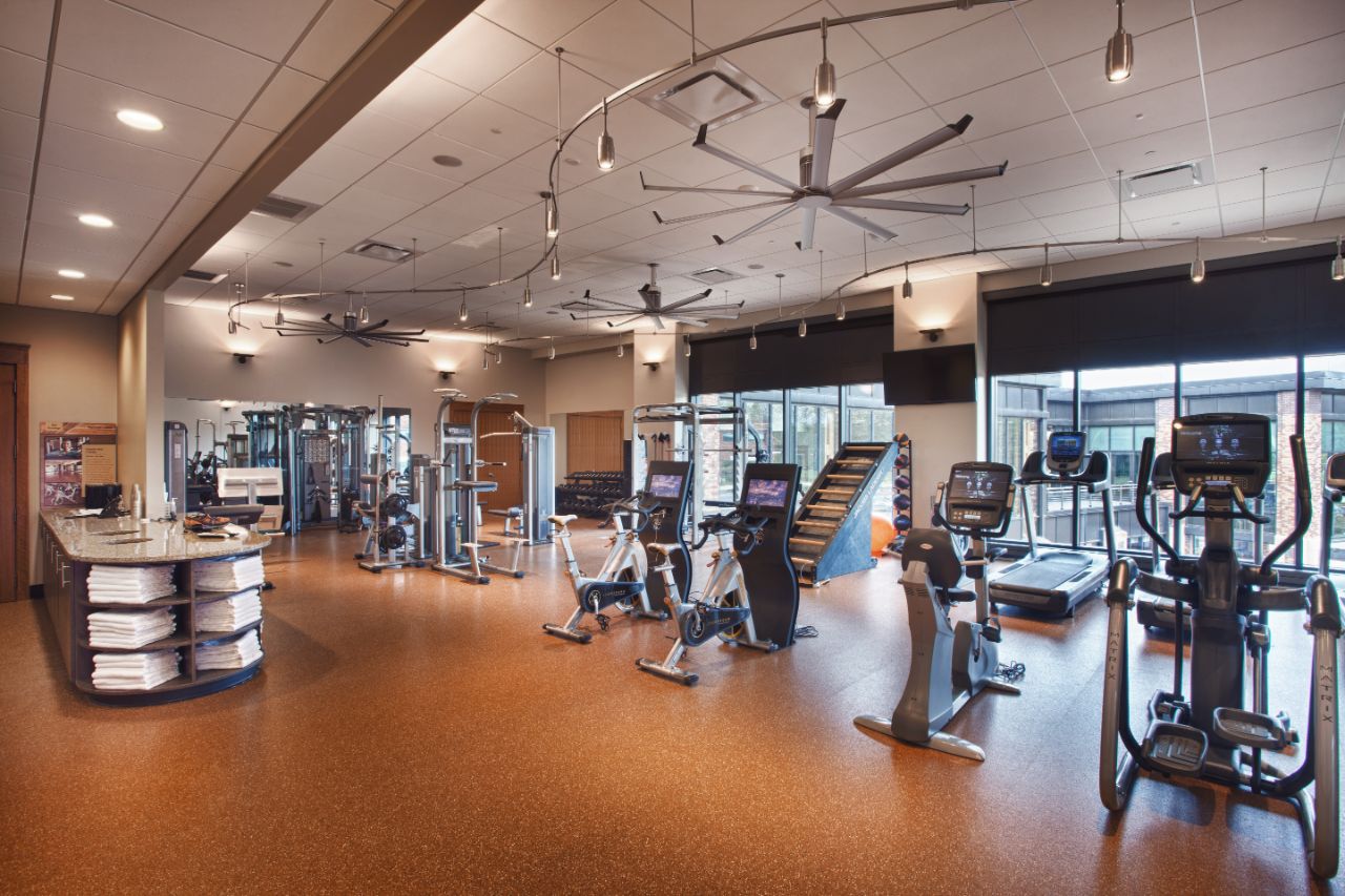 The Feynman workout room is pictured with multiple bikes, treadmills, free weights and machines.