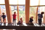 Toddlers stand on a bench looking out the windows of the center.