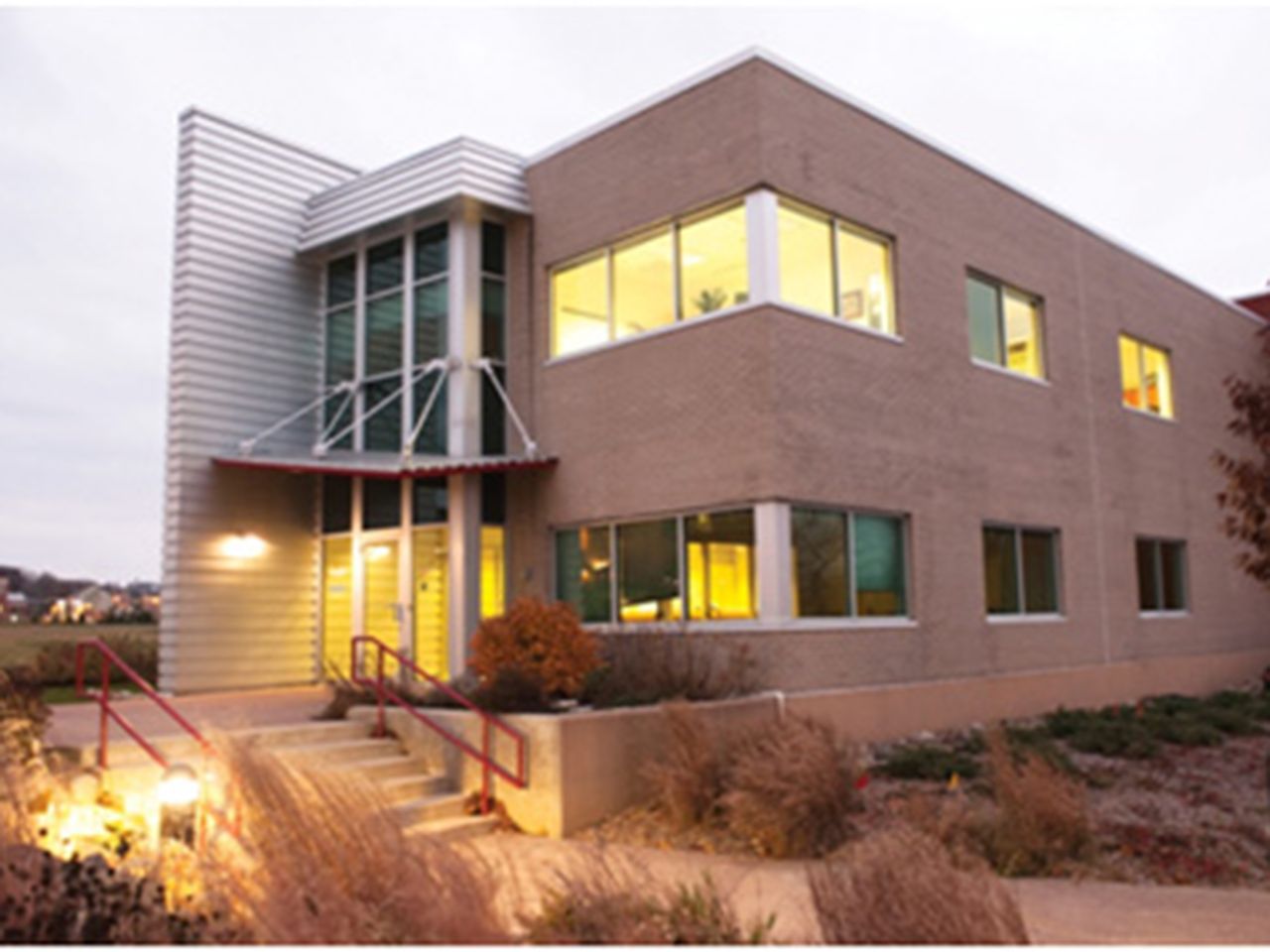 The Terso building lit up with ground lights.