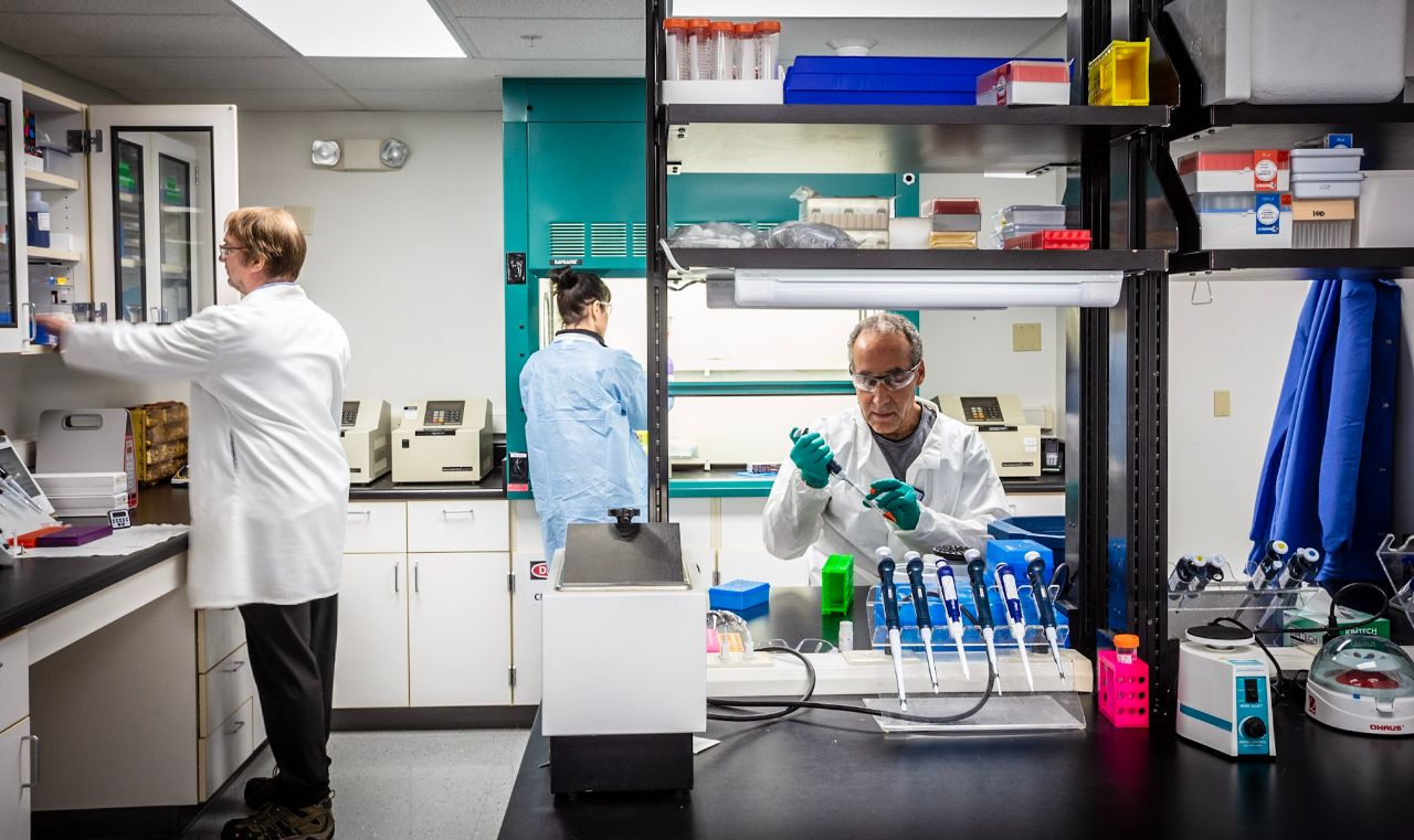 A photo of the general lab in the Rosalind Franklin Center where three scientist work. One pipetting, one working under a glass hood, and another grabbing supplies from a cabinet.