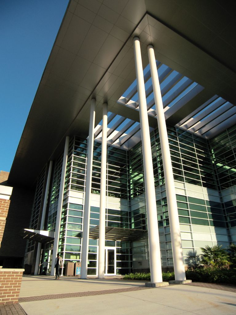 Tall steel and glass building with large columns and broad metal awning with palmetto plants and a brick walkway in front