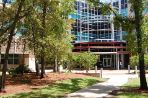 Three-story steel and glass building with curved metal awning across the front; a sidewalk leading up to the front entrance of the building is shaded by large trees