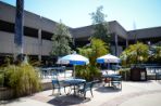 Two tables with umbrellas sit on a concrete courtyard surrounded with landscaped plant beds and trees; white-trimmed walkways are located around the courtyard area and are supported by wide columns covered by colorful mosaic tiles.