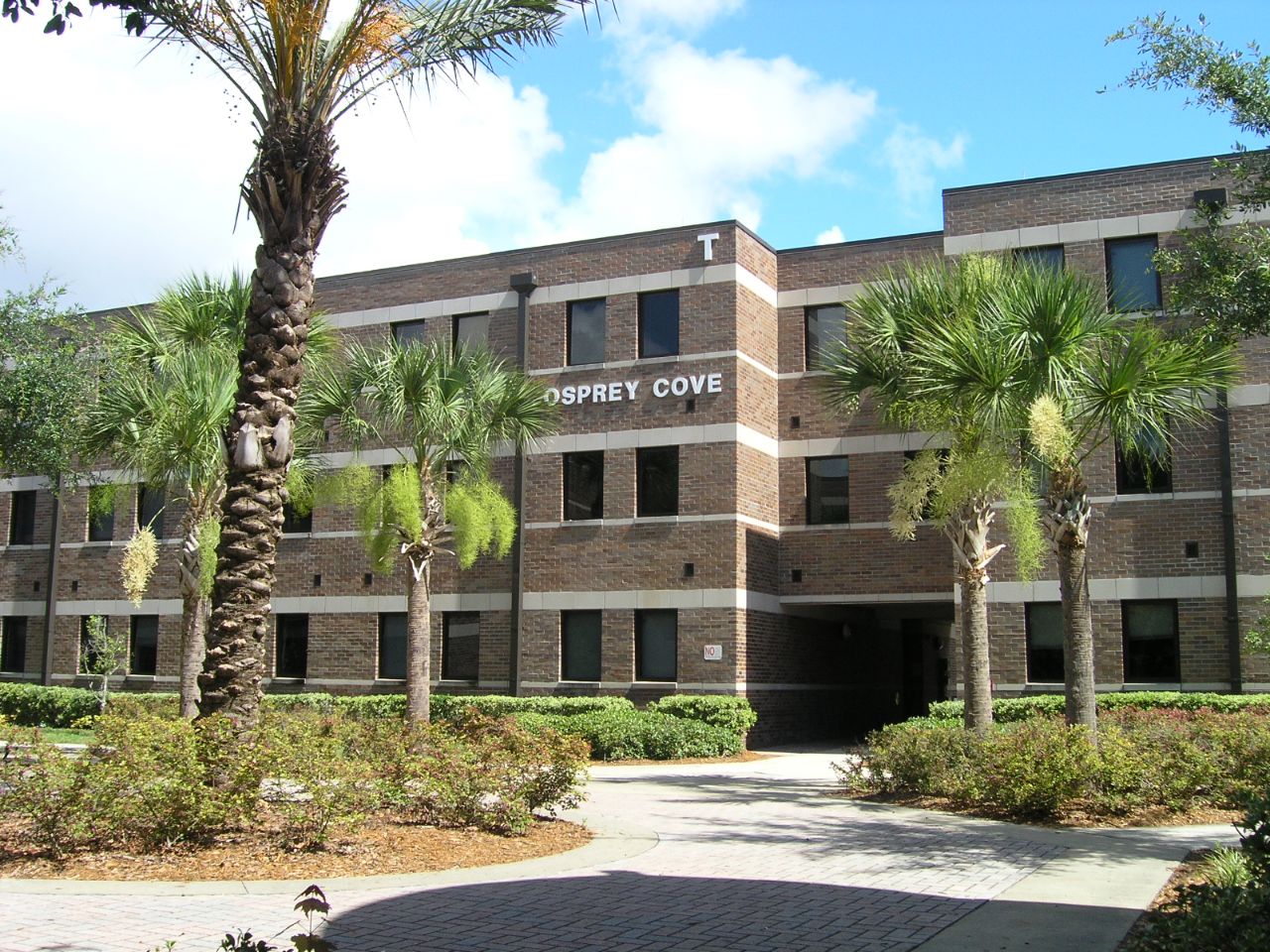 Three-story brick building with white trim sits at the end of a wide concrete sidewalk with shrubbery and palm trees on either side