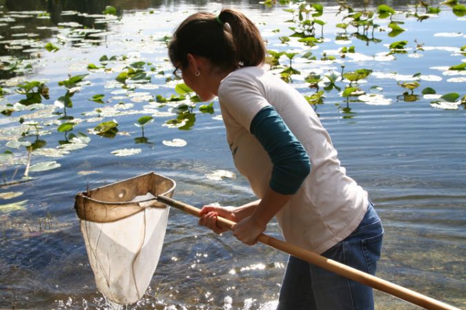 A female student is pulling back a net from the water.