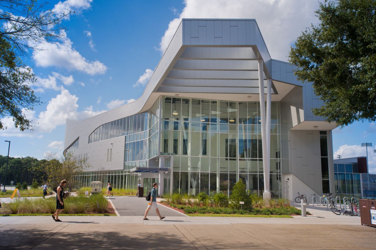 A close-up of the front of the Student Wellness Complex.