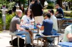 Three male students and one female student sit around a picnic table eating lunch.