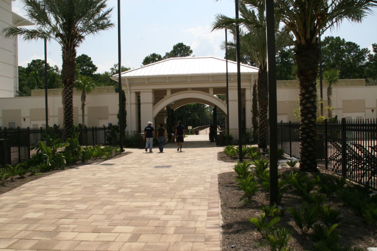 Three males walking towards an arched entrance.